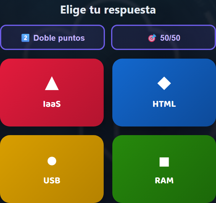 El celular del alumno muestra fichas de colores con el texto de cada opción