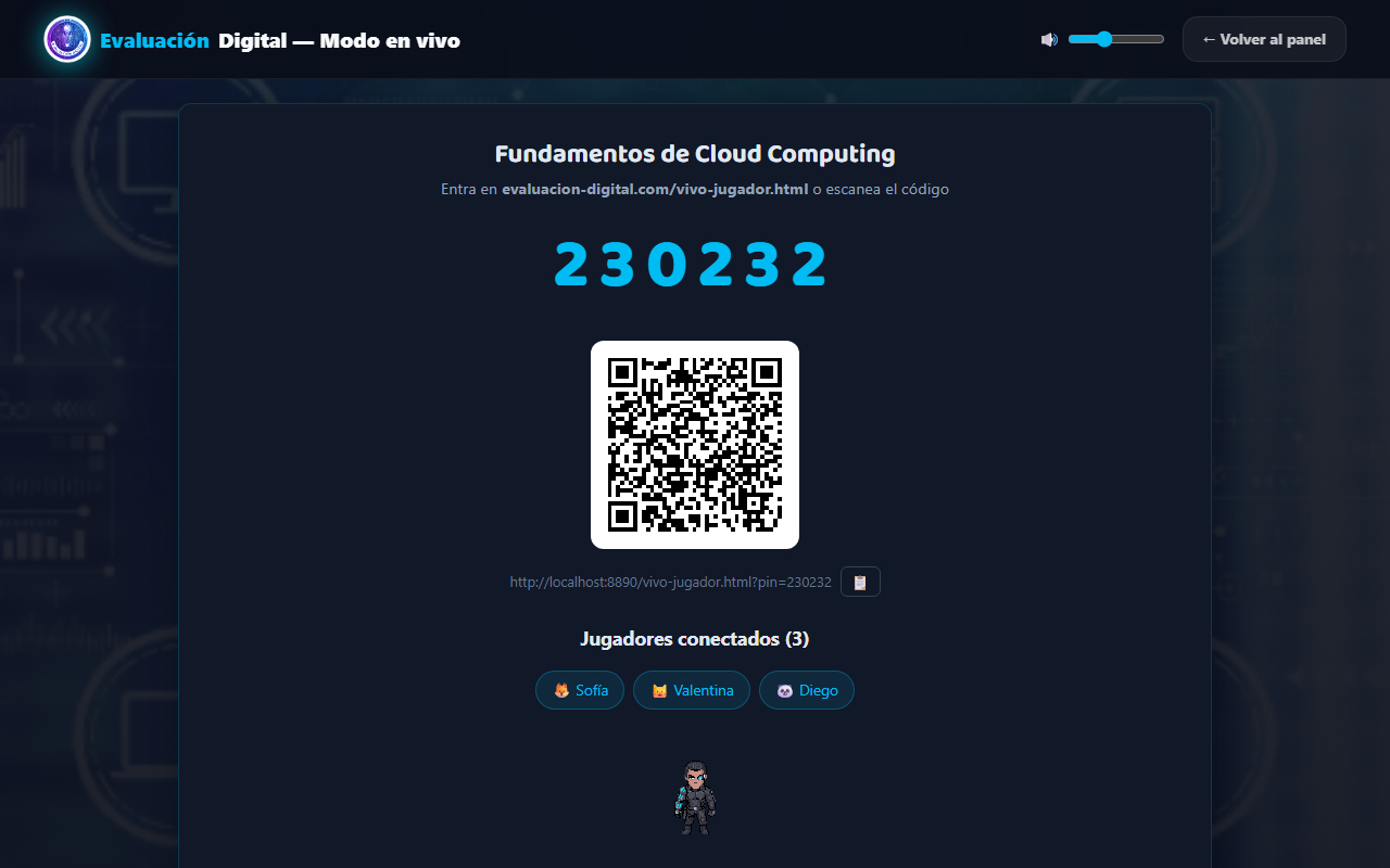 Pantalla proyectada con el código PIN, el QR y los jugadores conectados en tiempo real